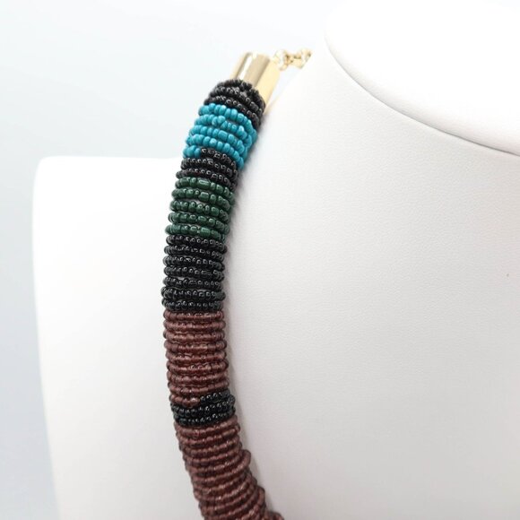 TALBOTS Seed Bead Wrapped Chunky Necklace w/ Gold Tone Chain Teal Black Brown - Picture 3 of 6